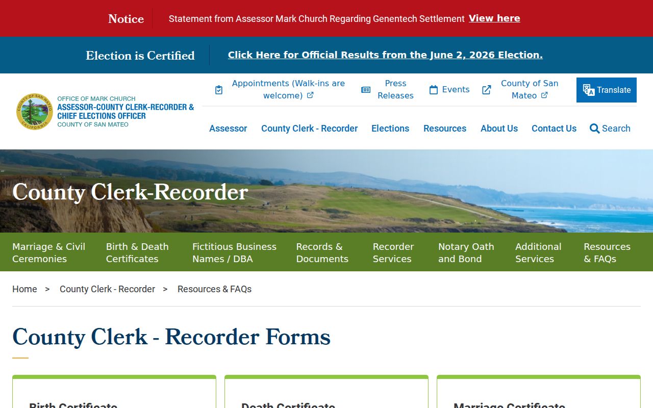 Daly City public records county clerk recorder forms