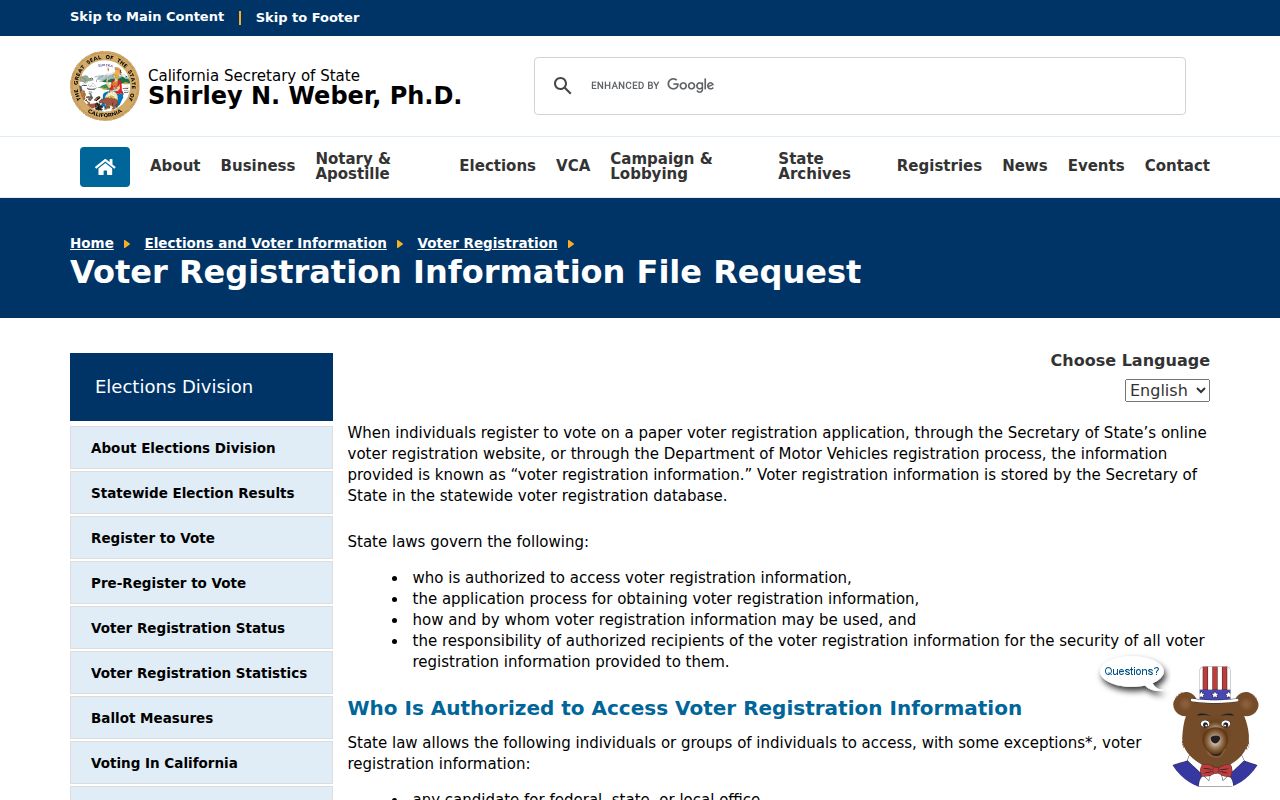 Daly City voter registration records California voter file request page